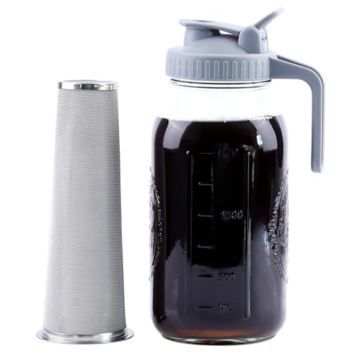 Cold Brew Coffee Maker 64 Oz Mason Jar Cold Brew Pitcher With Strainer Half Gallon Wide Mouth Glass Iced Coffee Maker With Spout Lids 2 Quart Glass Pitcher For Fridge, Sun Tea, Lemonade, Cold Brew