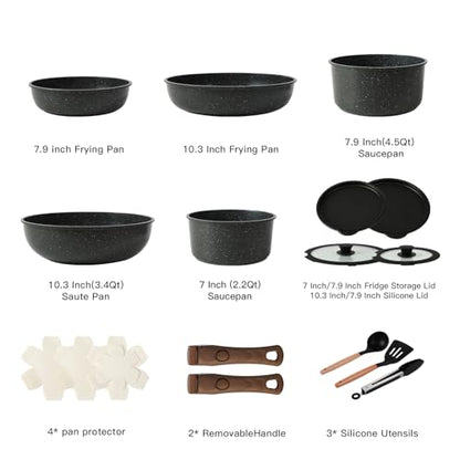 15PCS Ceramic Cookware Sets Detachable Handle Pots and Pans Set Non Stick (Black)