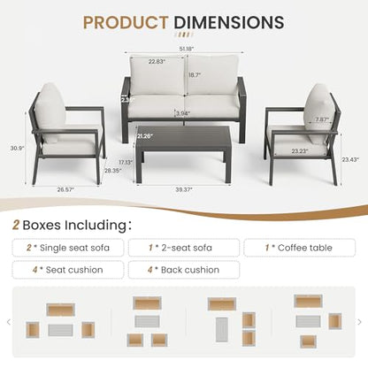4-Piece Aluminum Outdoor Patio Furniture Sets All-Weather Patio Conversation Set Sectional Sofa with Coffee Table & Cushions with Removable Covers for for Deck Backyard Garden Poolside Balcony Porch