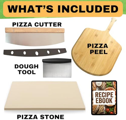 Large Pizza Stone for Oven and Grill 20 Inch - Cordierite Pizza Stones with Wooden Pizza Peel, Dough Tool & Pizza Cutter Set -Makes Crispy Homemade Pizza & Bread - 20" x 13.5" Baking Stone