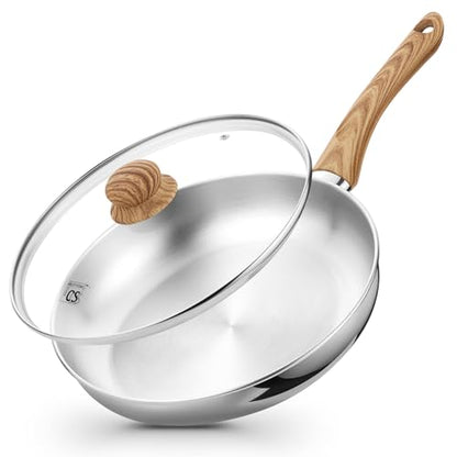 KOCH SYSTEME CS Stainless Steel Pan 10 Inch, Induction Tri-Ply Bottom Stainless Steel Frying Pan with Heat-resistant Bakelite Handle, 10 Inch Stainless Skillet with Lid for Cooking, Dishwasher Safe