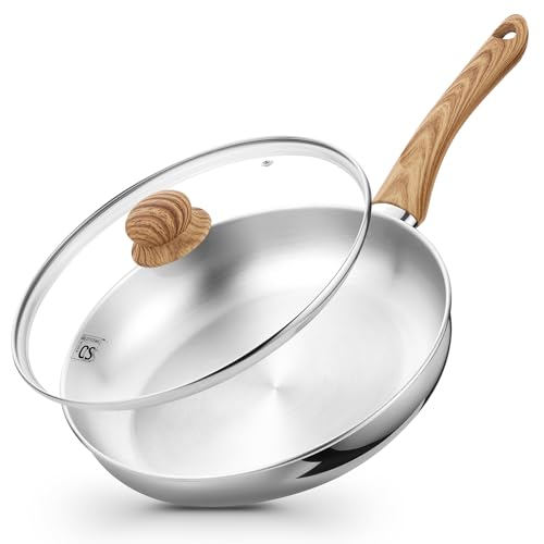 KOCH SYSTEME CS Stainless Steel Pan 10 Inch, Induction Tri-Ply Bottom Stainless Steel Frying Pan with Heat-resistant Bakelite Handle, 10 Inch Stainless Skillet with Lid for Cooking, Dishwasher Safe