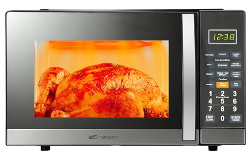Emerson MWG1191SB 1.1 Cu. Ft. Microwave with Built-In Grill Function, 1100W Power, Stainless Steel, LED Timer Display, 11 Power Levels, 9 Preset Cooking Options, Removable Glass Turntable, Child Lock