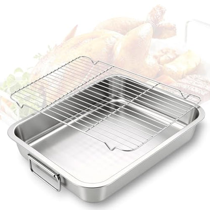 Stainless Steel Roasting Pan with Rack & Handles, 15.6"x11.6"x2.8" Deep - Food Grade No Coating, Dishwasher Safe - Large Roaster for Turkey Chicken Beef Vegetables for Homeowner Kitchen