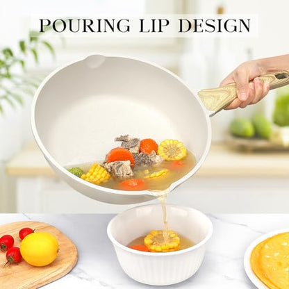 GiPP Nonstick Deep Frying Pan Skillet, 9.5" Saute Pan with Lid, Granite Induction Cookware Non Stick Cooking Pan, PFOA PFOS APEO Free, White