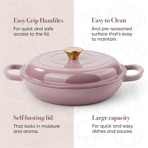Vintage Style 3 Quart Enameled Cast Iron Braiser, Non Stick Enameled Cast Iron Skillet with Lid, Dutch Oven Skillet with lid up to 500°F for Oven, Stove, Grill, Shallow Dutch Oven for Cook, Bake (Pink)