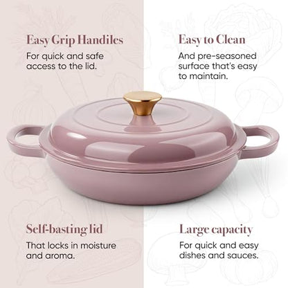 Vintage Style 3 Quart Enameled Cast Iron Braiser, Non Stick Enameled Cast Iron Skillet with Lid, Dutch Oven Skillet with lid up to 500°F for Oven, Stove, Grill, Shallow Dutch Oven for Cook, Bake (Pink)