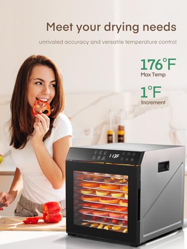 FOHERE Food Dehydrator for Jerky 1000W, 10 Trays With Large 9.04ft² Drying Space,176°F Temperature Control, Digital Adjustable Timer, Light, Dryer Machine for Dog Treats,Herbs, Meat, Fruit, and Yogurt