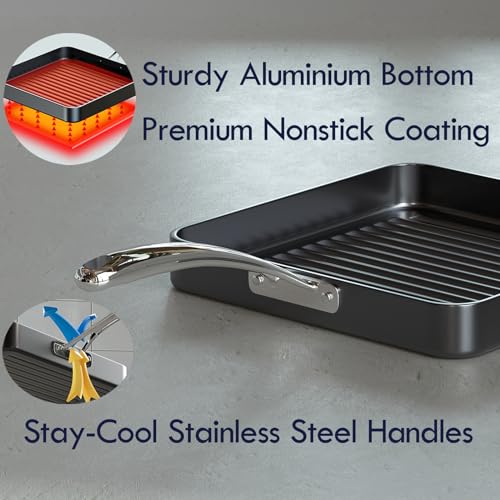 Cooks Standard Nonstick Square Grill Pan 11 x 11-Inch, Hard Anodized Grilling Skillet Pan Cookware for Camping, Home Use