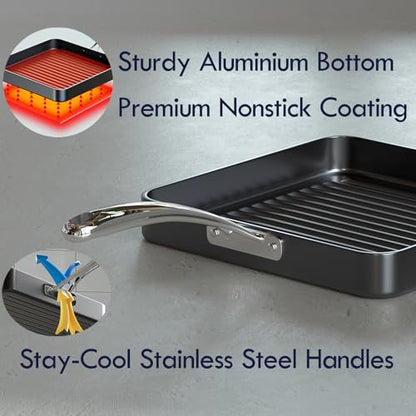 Cooks Standard Nonstick Square Grill Pan 11 x 11-Inch, Hard Anodized Grilling Skillet Pan Cookware for Camping, Home Use