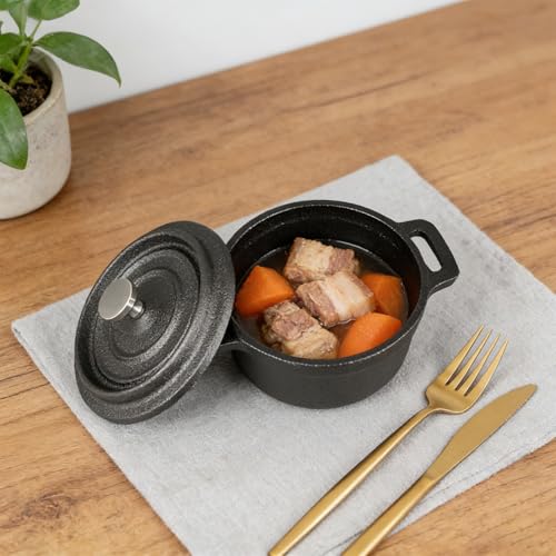 UCEHIPAW 6 Pcs Mini Dutch Oven with Lids and Dual Handles Round Small Iron Cocotte Pot Black Cast Iron Pot for Marinate Bake Refrigerate Cook Grill Garlic Roaster BBQ Stovetop Use (8 oz)