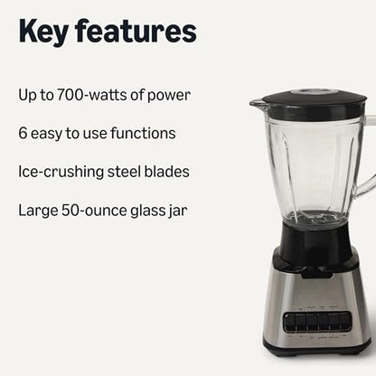 Amazon Basics Powerful 700W Countertop Blender with 6-Cup (50 Fl. Oz) Glass Jar, 6 Pre-Programmed Functions, Ice Crush, Stainless Steel Blades, Black & Silver