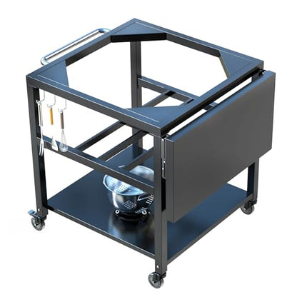 Outdoor Grill Table Cart for XLarge Big Green Egg Accessories, Heavy Duty Metal Rolling BGE Cart with 3 inch Casters, Sturdy Side Table, Hooks, Prefect for Spring BBQ with XL Big Green Egg Stand