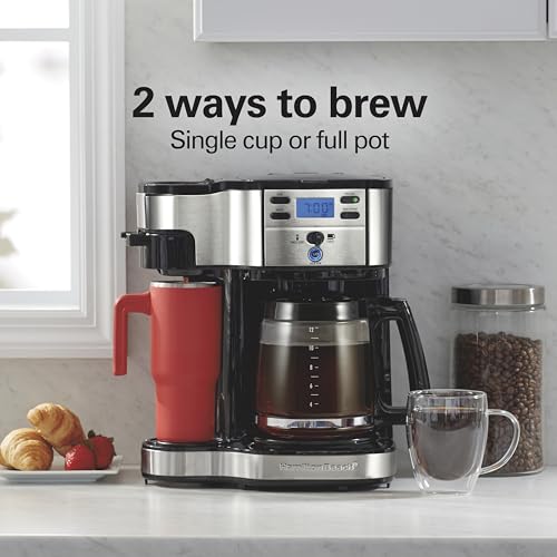 Hamilton Beach 2-Way Programmable Coffee Maker, 12 Cup Glass Carafe And Single Serve Coffee Maker, Black with Stainless Steel Accents, 49980RG