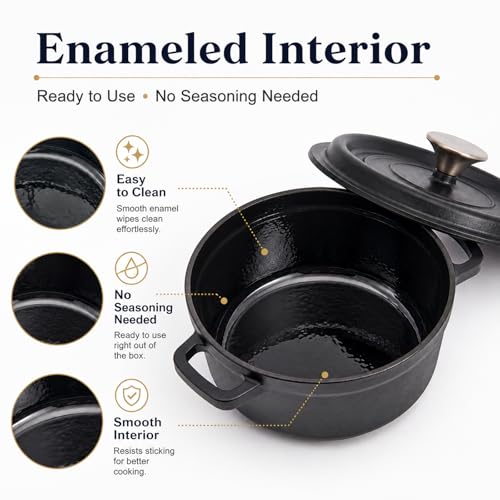 VIVIDCOOKWARE Enameled Cast Iron Dutch Oven with Lid, 3.3 QT Round Dutch Oven Pot, Matte Black Small Dutch Oven for Soup, Stew, Braising & Baking, Oven Safe to 500°F, Works on Induction, Gas & Electric
