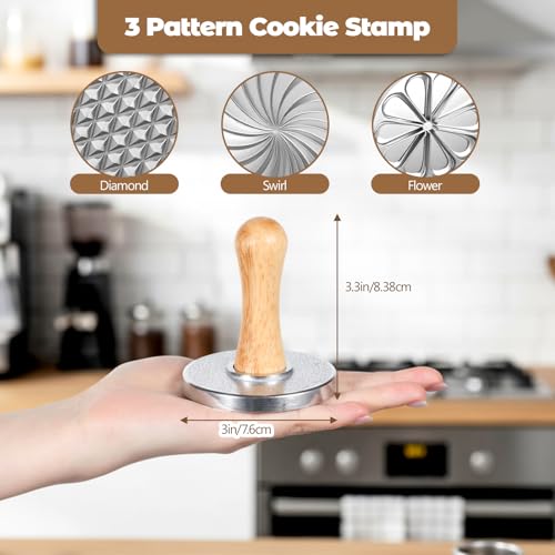 Cookie Stamps Set of 8, 3 Pcs Metal Cookie Press Mold with Wooden Handle, 5 Size Cookies Cutter Tool, Cookies Embossing Stamp Mold for DIY Baking, Cake, Christmas, Pastry, Easy to Use, Gift Package