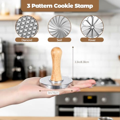 Cookie Stamps Set of 8, 3 Pcs Metal Cookie Press Mold with Wooden Handle, 5 Size Cookies Cutter Tool, Cookies Embossing Stamp Mold for DIY Baking, Cake, Christmas, Pastry, Easy to Use, Gift Package