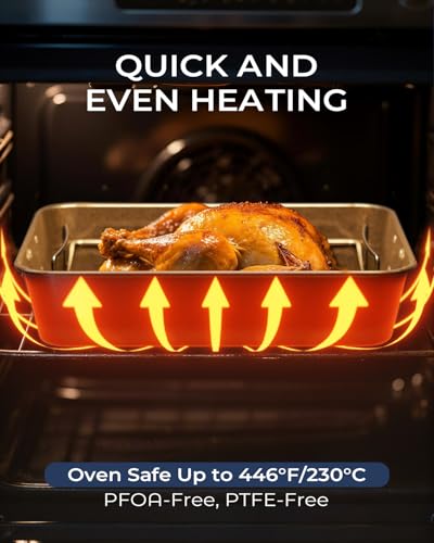 Armorbear Turkey Roasting Pan with Rack Non stick Carbon Steel Roaster 16x11 Inch, Dishwasher Safe, Deep Baking Broiler Pan for Oven Chicken, Bacon, Black