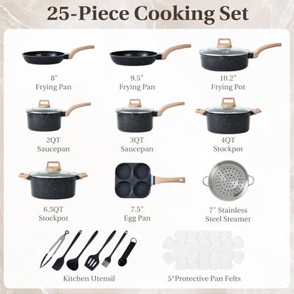 Sweetcrispy Pots and Pans Set, 25 Pcs Nonstick Kitchen Cookware Set, Induction Kitchen Cooking Set, Non-Toxic Frying Pans & Saucepans (PFOA/PFOS Free) Black