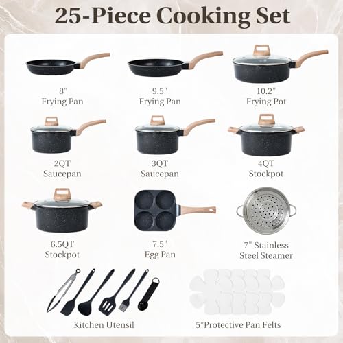 NEWBULIG 25-Piece Nonstick Cookware Set, Granite Pots and Pans with Lids, Induction Compatible Nonstick Cooking Set with Frying Pans & Saucepans, Black