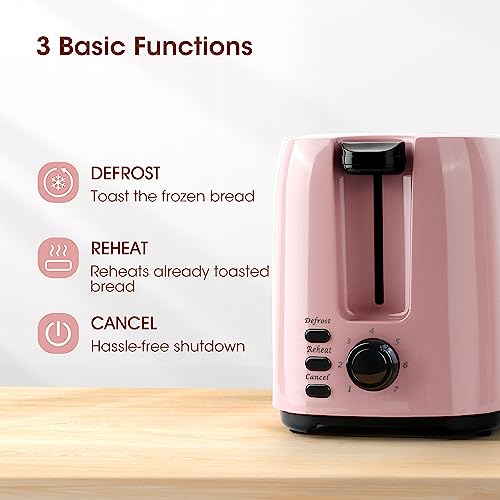 iSiLER 2 Slice Toaster, 1.3 Inches Wide Slot Bagel Toaster with 7 Shade Settings and Double Side Baking, Removable Crumb Tray, Defrost Cancel Function Pink