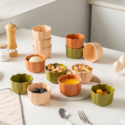 Krokori 6-Piece 6 Oz Scallop Ceramic Ramekins Set - Porcelain Baking Bowls with Elegant Scallop Rim for Creme Brulee, Souffle, Pudding, Ice Cream & Dipping, Oven-Safe, Durable & Space-Saving, Moss Green