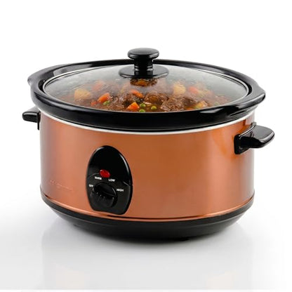 OVENTE Electric Slow Cooker with 3 Cooking Settings, Non-Stick and Dishwasher Safe Stoneware, Stainless Steel Body, Glass Lid, 3.7 Qt Oval Pot for Entrees, Soups, Sauces, Stews & Dips, Copper SLO35ACO