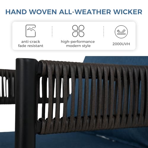 Grand patio Outdoor Dining Chair Set of 2, 2 Pieces Patio Dining Chairs, Metal Woven Wicker Fixed Patio Chairs with Peacock Blue Cushions for Backyard, Deck, Garden, Porch, Lawn and Poolside (Brown)