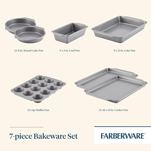Farberware Bakeware Nonstick Baking Pans with Baking Sheets, Cake Pans, Meatloaf/Bread Pan, and Muffin Pan, 7 Piece Bakeware Set - Gray