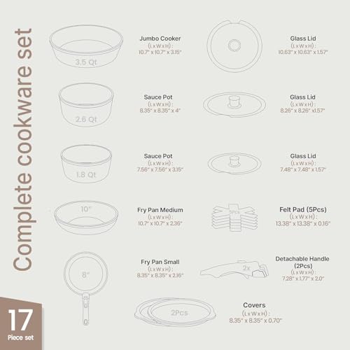 Bakken 17-Piece Ceramic Coated Aluminum Cookware Set, Nonstick Pots and Pans with Lids, Silicone Cooking Utensils & Oven Mitts, All Stovetop Safe Up To 500°F, PTFE & PFAS Free, Dishwasher Safe