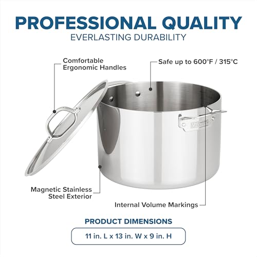 Viking 3-Ply Stainless Steel Stock Pot, 12 Quart Soup Cooking Pot with Lid, Kitchen Cookware, Dishwasher and Oven Safe, Induction Ready, Silver