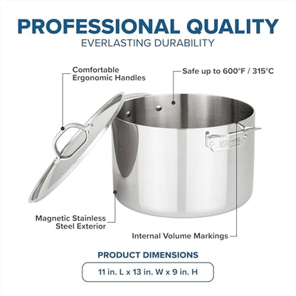 Viking 3-Ply Stainless Steel Stock Pot, 12 Quart Soup Cooking Pot with Lid, Kitchen Cookware, Dishwasher and Oven Safe, Induction Ready, Silver