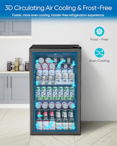 Feelfunn 3.2 Cu.Ft Mini Fridge with Glass Door - 126 Can Beverage Refrigerator Cooler for Drink Beer Wine Soda, Small Fridge for Bedroom Office Bar Dorm, 4 Adjustable Shelves, Black