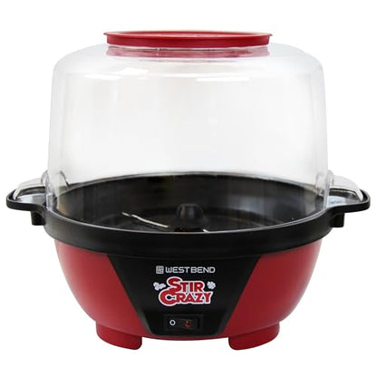 West Bend Stir Crazy Hot Oil Popcorn Popper, Popcorn Maker Machine with Large Serving Bowl Lid and Stirring Rod Perfect for Movie Night Snack Time or Parties, 6-Quart, Red