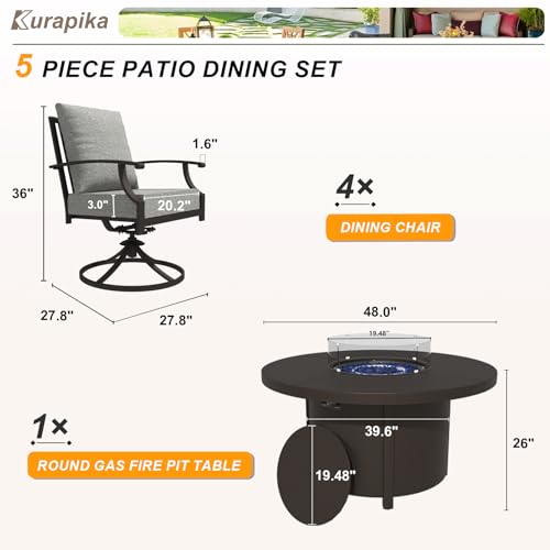Kurapika 5 Piece Metal Outdoor Patio Furniture Set with Round Fire Pit Table, Patio Conversation Sets 4 Swivel Chairs with Thick Cushion and 40000 BTU Fire Pit Table, Gray