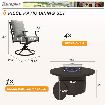 Kurapika 5 Piece Metal Outdoor Patio Furniture Set with Round Fire Pit Table, Patio Conversation Sets 4 Swivel Chairs with Thick Cushion and 40000 BTU Fire Pit Table, Gray