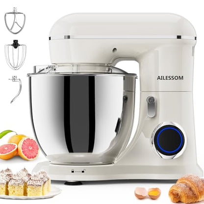 SAMSAIMO 3-IN-1 Electric Stand Mixer, 10-Speed With Pulse Button, Attachments include 6.5QT Bowl, Dough Hook, Beater, Whisk for Most Home Cooks (Almond Cream)