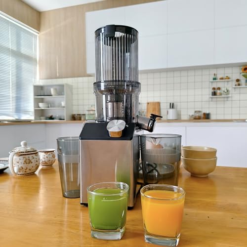 WHUTO Cold Press Juicer, Wide Feed Chute Juicer Machines, Stainless Steel Slow Masticating Juicers Easy to Clean, Vegetables & Fruits Juice Extractor, High Juice Yield, Silver Knob