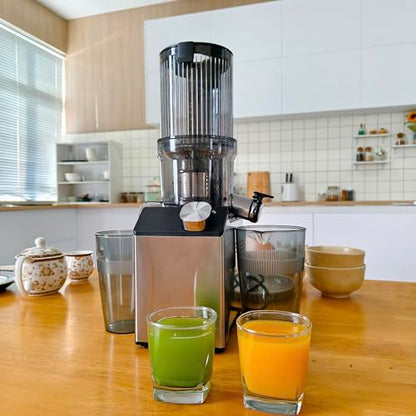 WHUTO Cold Press Juicer, Wide Feed Chute Juicer Machines, Stainless Steel Slow Masticating Juicers Easy to Clean, Vegetables & Fruits Juice Extractor, High Juice Yield, Silver Knob