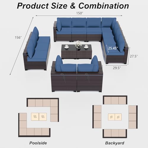 ALAULM Patio Furniture Set with Coffee Table, 14 Pieces Outdoor Sectional with Wide Seat and Thick Cushion, All Weather Wicker Rattan Conversation Set for Backyard, Garden, Deck, NavyBlue