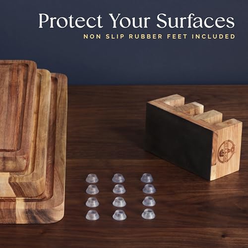 Pre-Oiled, Non Toxic 3-Piece Acacia Cutting Board Set with Stand, FSC Certified Wooden Chopping Boards, Includes 3.4 fl oz Chopping Board Oil, 3 Wood Carving Boards for Home, BBQ Kitchen, Deer & Oak