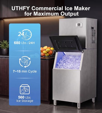Uthfy Commercial Ice Maker Machine 680Lbs/24H with 560Lbs Storage, Self-Cleaning Mode, Split Commercial Ice Maker, Ice Ready in 7-15 min, Stainless Steel Ice Maker for Bars/Cafes/Restaurants