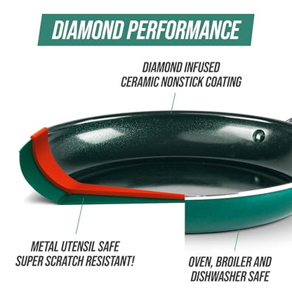 Blue Diamond 20 Piece Cookware and Bakeware Set, Diamond Infused PFAS-Free Ceramic Nonstick Pots and Pans, Durable Nontoxic Metal Utensil Safe & Scratch Resistant, Dishwasher & Oven Safe, Green