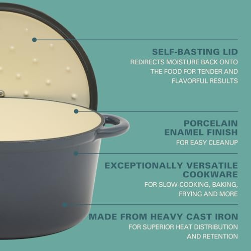 Gibson Home Addlestone 7 Qt Enameled Cast Iron Dutch Oven Pot with Lid – Round, Oven Safe to 500°F, Ideal for Bread Baking & Stews - Gradient Navy Blue