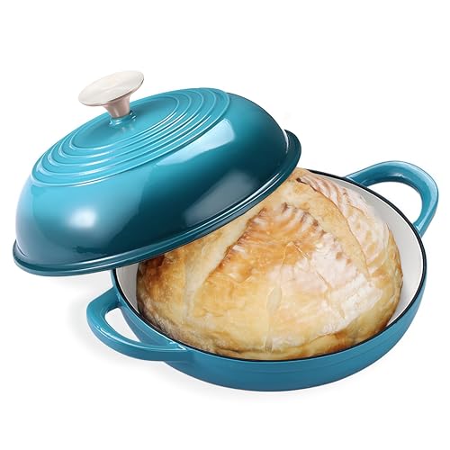 NSIRONS Enameled Cast Iron Dutch Oven Pot with Lid, 6 Qt Dutch Oven for Sourdough Bread Baking, Cast Iron Bread Oven with Dome Lid (Blue-Green)