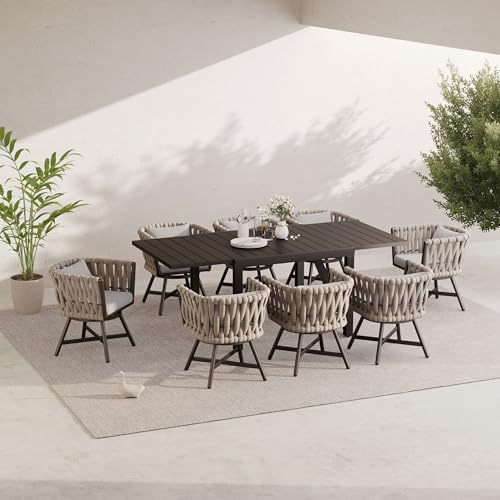 Grand patio 9-Piece Outdoor Dining Set for 8, Patio Dining Furniture Set for 8 Swivel Rope Wicker Chairs & 1 Expandable Rectangular Dining Table, Light Gray Brown