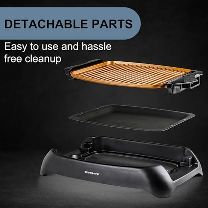 OVENTE Electric Indoor Grill with 13x10 Inch Non-Stick Cooking Surface, 1000W Fast Heat Up Power, Adjustable Temperature, Removable and Dishwasher Safe Grilling Plate and Drip Tray, Copper GD1632NLCO