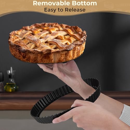 Targihoemt 9in Tart Pan and 1.1lb Ceramic Pie Weights Set, 1.1in Depth Non-Stick Quiche Pan, Removable Bottom Carbon Steel Pie Pan, Round Pizza Pan for Pies, Tarts and Quiches