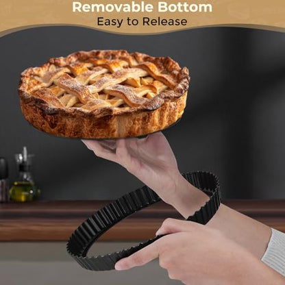 Targihoemt 9in Tart Pan and 1.1lb Ceramic Pie Weights Set, 1.1in Depth Non-Stick Quiche Pan, Removable Bottom Carbon Steel Pie Pan, Round Pizza Pan for Pies, Tarts and Quiches