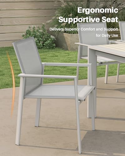 SEEHILL 11 Pieces Expandable Outdoor Dining Set for 10, Never-Rust Aluminum Extendable Dining Table Set, Patio Dining Table with Wood Grain Top and 10 Stackable Dining Chairs for Outside, Indoor